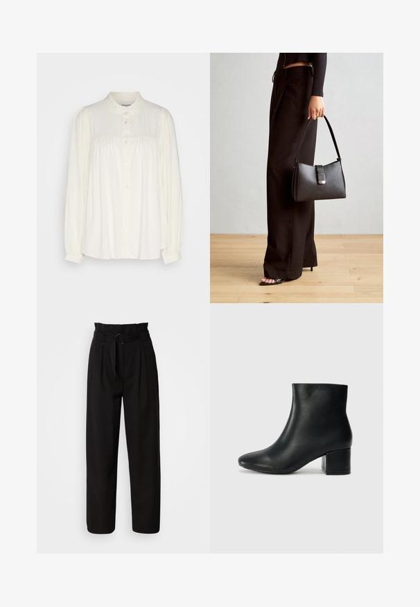 Hvit langermet bluse med høy hals, knappelukking og rynkedetaljer ved skuldrene. Laget av et lett stoff.; Sorte høye bukser med bred beinvidde, med frontfold og et stoffbelte med en rund spenne. Glatt tekstur og skreddersydd design.;  Sorte skinn ankelsko med spiss tå og chunky hæl. Glatt tekstur med minimale detaljer og et elegant, tettsittende design.; Svart håndveske med strukturert form, jevn tekstur og metallisk lås. Kombinert med brede svarte bukser og sandaler med åpen tå på tregulv.