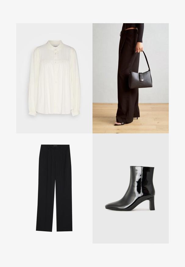 Weiße Bluse mit langen Ärmeln und hohem Kragen, Knopfverschluss und gerafften Details an den Schultern. Hergestellt aus einem leichten Stoff.; Schwarze Hose mit geradem Bein, ausgestattet mit zwei frontalen Taschen und einem Taillenbund. Hergestellt aus einem glatten, leichten Stoff.; Schwarzer Lackleder-Stiefelette mit spitzer Zehe und einem mittelhohen Blockabsatz. Glatte Textur und minimalistisches Design.; Schwarze Handtasche mit strukturierter Form, glatter Textur und einem metallischen Verschluss. Kombiniert mit weiten schwarzen Hosen und offenen Sandalen auf einem Holzboden.