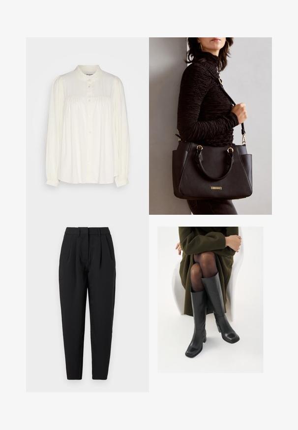 Bela bluza z dolgimi rokavi in visokim ovratnikom, z gumbnim zapiranjem in nagubanimi detajli na ramah. Narejena iz lahkotnega materiala.; Črne hlače ravnega kroja, z gubami spredaj, gladko teksturo in stranskimi žepi. Pas je standardne višine.; Črne usnjene čevlje do kolen s kvadratnim prstom in blok peto, prikazani na modelu, ki sedi v olivno zeleni plašču. Gladka tekstura, minimalne podrobnosti.; Črna torbica z teksturirano površino, z dvema zgornjima ročajema in nastavljivim ramenskim pasom. Ima zlatovrateče dodatke in stranske žepe.