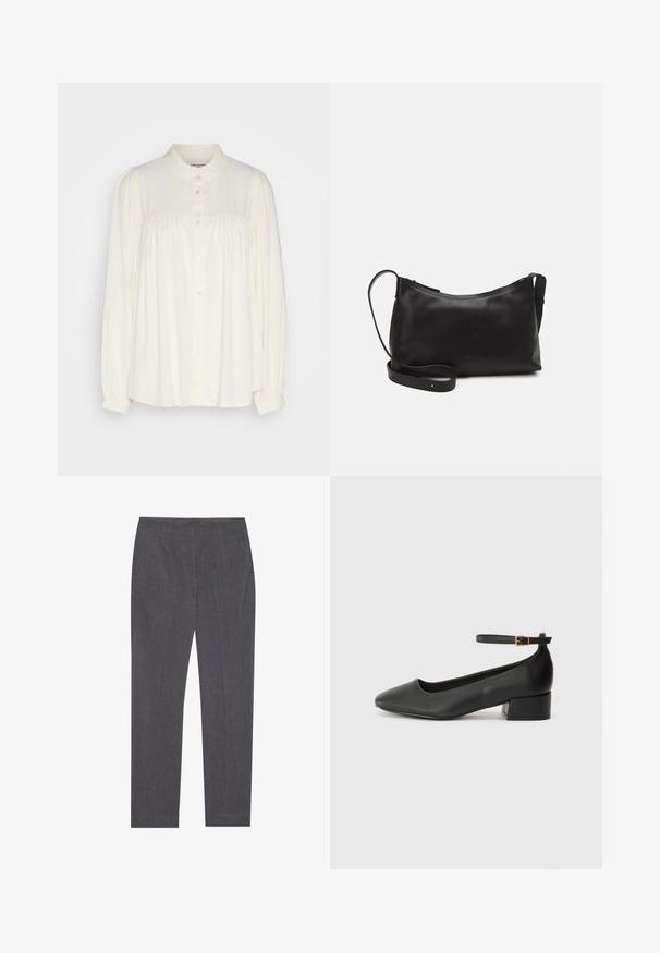 Hvid langærmet bluse med høj hals, knaplukning og rynkede detaljer ved skuldrene. Fremstillet af et letvægtsstof.; Grå skræddersyede bukser lavet af et tekstureret stof, med sidelommer og et lige ben-design med en glat talje. ; Sorte læderpumper med spids tå og en lav blokhæl. Har en ankelrem med en guldfarvet spænde. Glat tekstur.; Sort læder skuldertaske med en glat tekstur, buet form, justerbar rem og lynlås. Minimalistisk design uden udsmykninger.