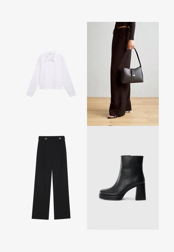 TOM TAILOR DENIM Hemdbluse - white; Schwarze weite Hosen mit hoher Taille, Knopfdetails am Bund und vorderen Falten.; Schwarze Leder-Stiefelette mit Blockabsatz und Plattformsohle, seitlich auf einem schlichten weißen Hintergrund betrachtet.; Schwarze Handtasche mit strukturierter Form, glatter Textur und einem metallischen Verschluss. Kombiniert mit weiten schwarzen Hosen und offenen Sandalen auf einem Holzboden.