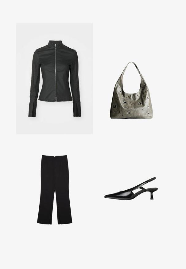 Weekday KATE COATED ZIP SHIRT - Camicetta - black; Pantaloni neri a gamba dritta, con tasche frontali e spacchi laterali all'orlo. Realizzati in tessuto morbido e liscio. Adatti a diverse occasioni.; Tacchi slingback in pelle verniciata nera con punta affusolata, design con tagli laterali e tacco quadrato piccolo. Texture liscia con dettagli minimi.; Borsa a tracolla in pelle verde oliva con un design morbido, caratterizzata da tagli circolari di diverse dimensioni e dettagli in tonalità più scure e più chiare.
