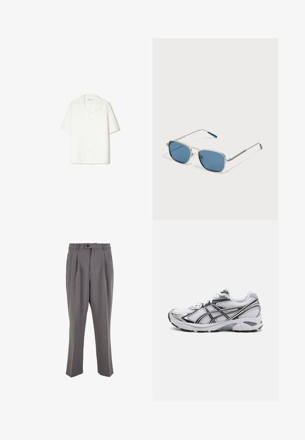 Rövid ujjú, gombos ing világosszürke színben, puha, texturált anyagból készült, nyitott gallérral és laza szabással.; Sima anyagból készült szürke pliszírozott nadrág, egyenes szabással, egygombos záródással és övhurkokkal. Minimalista dizájn.; Fehér sportcipő hálós felsőrészsel, fekete részletekkel és ezüst kiegészítőkkel. Párnázott talppal és fűzős kialakítással rendelkezik a jobb tartás érdekében.; Ezüst fém keretes napszemüveg, téglalap alakú kék lencsékkel és vékony karokkal. A templomhegyeken kék részletek találhatók.
