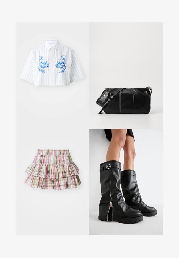 Geknipte overhemd met knoop in het wit met blauwe verticale strepen, voorzien van twee schedelontwerpen aan de voorkant en een klassieke kraag.; Plisséd rokje met een elastische tailleband, met een geruit patroon in roze, groen en bruin tinten. Lichtgewicht katoenen materiaal.; Zwarte leren kniehoge laarzen met een brede schacht, voorzien van een zijrits en een gespaccent, met een gestructureerde afwerking en een chunky rubberen zool.; Zwarte leren schoudertas met een ritsluiting, voorzien van een gestructureerd lichaam, witte stiksels en een band met zilveren oogjes.