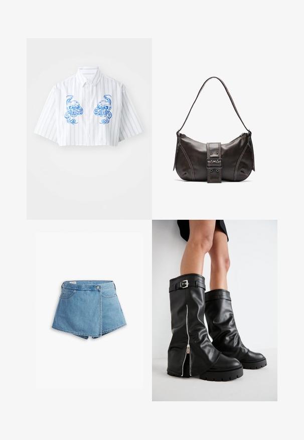 Valge lühikeste varrukatega särk, millel on sinised vertikaalsed triibud, esiküljel kaks koljusümbolit ja klassikaline krae.; Kaks puuvillast crop topi, valge ja must. Igal on sügav kaelus ja õhukesed õlapaelad, ning need on valmistatud siledast, pehmest materjalist.; Heledad lühikesed teksad helesinises toonis, millel on ümber kerimine, esikotid ning metallnööbiga sulgur. Sile tekstuur ja õmmeldud servad.; Mustad mustad naha põlve kõrgused saapad, millel on lai vars, külgvipu ja pandla aktsent, tekstureeritud viimistlus ja krobeline kummitald.; Pruunist nahast õlakott kumerate joontega, millel on silmapaistev pandla detail, kontrastne õmblus ja üks õlavarre rihm.