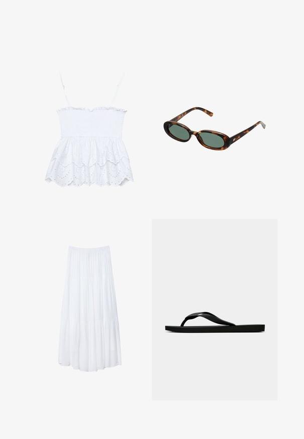 Top bianco senza maniche con corpetto arricciato, orlo a volant e dettagli in pizzo ad occhio, realizzato in un tessuto testurizzato e traspirante con ritagli a motivo floreale.; Gonna maxi bianca a più strati realizzata in tessuto leggero. Presenta una vita elastica e un design fluido con una morbida e sottile texture.; Infradito in gomma nera con cinturino testurizzato e suola piatta semplice, mostrati di lato su uno sfondo chiaro e uniforme.; Occhiali da sole tartarugati con montatura ovale e lenti verdi. Presentano aste sottili con un accento metallico vicino alle cerniere.