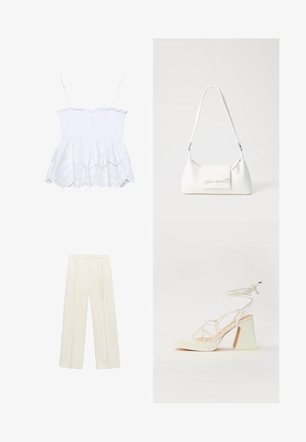 Hvid ærmeløs top med smocket liv, flæsekant og øjenlåse detaljer, der har et tekstureret, åndbart stof og udskæringer i blomstermønster.; Bredbenede bukser i en lys cremefarve. Fremstillet af et glat stof med plisseringer foran og sidelommer.; Hvide højhælede sandaler med en kraftig hæl, der har et stropdesign og ankelbinding. Glat tekstur med en platform foran for ekstra højde.; Hvid syntetisk håndtaske med en trekantet form, flad forsideklap og sløjfedetalje, justerbar strop, glat tekstur og minimalistisk design.
