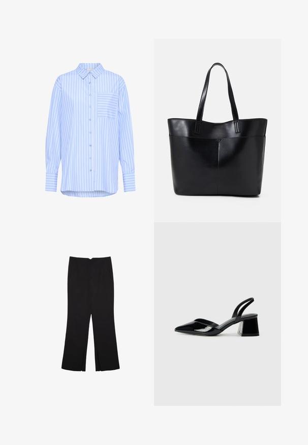 Kaffe KAMACKIE - Camicia - blue white stripe; Pantaloni neri a gamba dritta, con tasche frontali e spacchi laterali all'orlo. Realizzati in tessuto morbido e liscio. Adatti a diverse occasioni.; Décolleté in vernice nera con punta affusolata e tacco in geometria cubica. Presentano un design elegante e minimalista, con una texture liscia.; Borsa a tracolla in pelle nera con due manici lunghi, una texture liscia e una forma strutturata. Presenta una tasca frontale per ulteriore spazio di archiviazione.