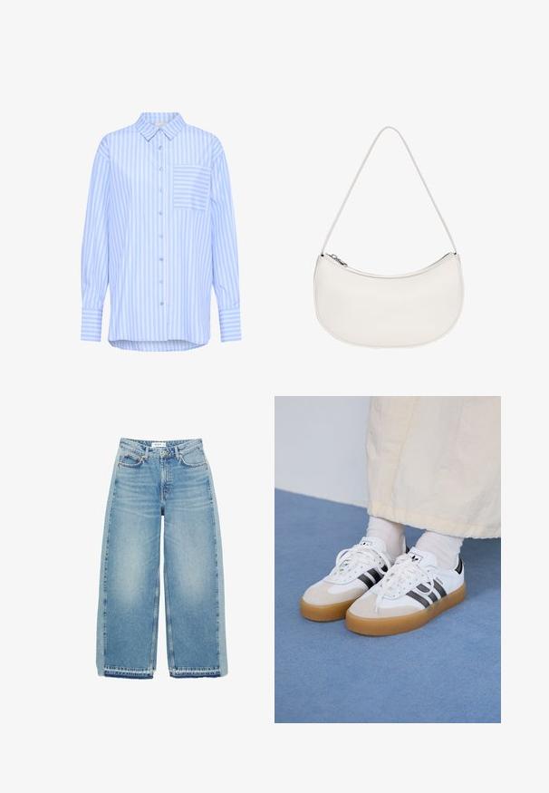 Kaffe KAMACKIE - Cămașă - blue white stripe; Jeans de denim albastre deschis, cu croi larg, având talie înaltă, închidere cu nasture, buzunare frontale și tiv brut.; Adidași albi cu dungi negre și accente din suede bej. Au talpă din cauciuc texturat și șireturi albe plate, purtați cu șosete de culori deschise.; PULL&BEAR HALF MOON - Geantă de mână - white