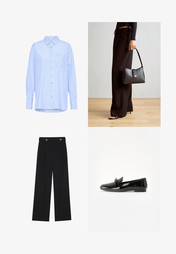Kaffe KAMACKIE - Button-down blouse - blue white stripe; Black wide-leg trousers with high waist, button details on waistband, and front pleats.; Black patent leather loafer with a flat sole, rounded toe, and a decorative strap featuring a gold-tone accent. Smooth, shiny finish.; Black handbag with structured shape, smooth texture, and a metallic clasp. Paired with wide black pants and open-toe sandals on wooden floor.