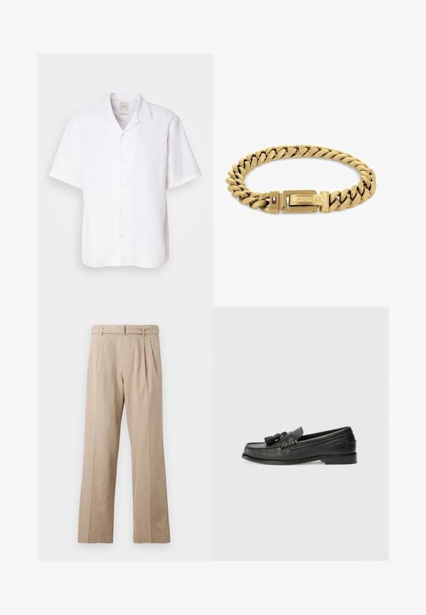 Camisa de manga corta y botones en lino blanco, con un cuello clásico, textura suave y un ajuste relajado.; Pantalones anchos beige, hechos de una suave mezcla de algodón, con pliegues frontales, una cintura cosida y un cinturón con hebilla de metal.; Mocasines de cuero negro con punta redondeada, borlas decorativas y un diseño cosido. Suela plana con una sutil marca en el lateral.; Pulsera en tono dorado con eslabones entrelazados, que presenta un cierre con el logo "HILFIGER" y un acento en rojo y azul. Acabado suave y pulido.
