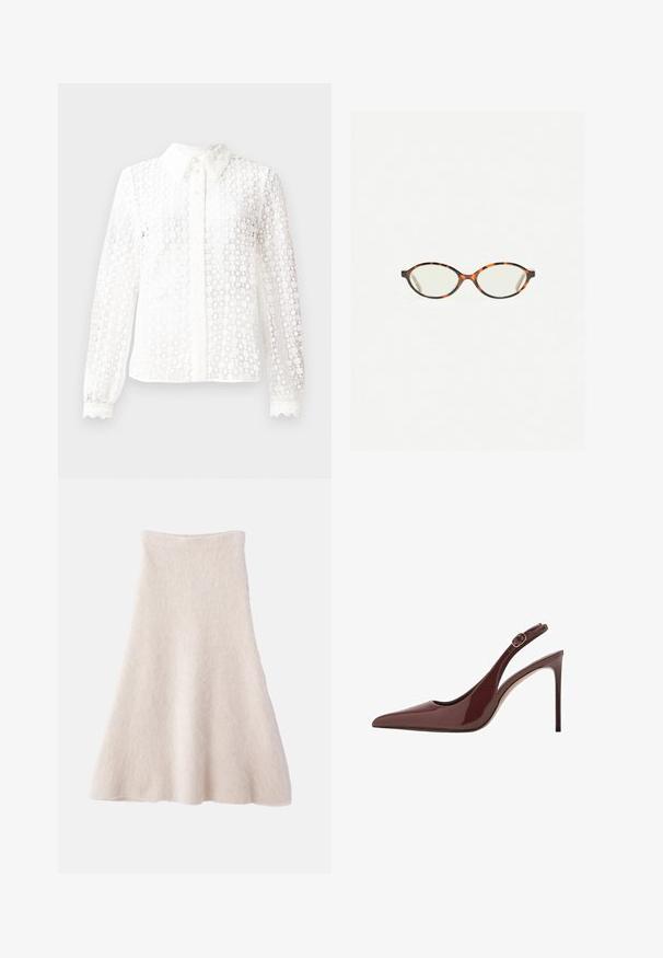 Blusa bianca realizzata in tessuto simile pizzo, con colletto classico, maniche lunghe con polsini a scollatura e chiusura anteriore con bottoni e dettagli decorativi.; Una gonna A-line beige chiaro realizzata in un tessuto morbido e testurizzato, con una vita liscia e una silhouette fluida.; Sandal con tacco alto in pelle lucida marrone scuro, punta affusolata, con cinturino regolabile e sottile tacco a stiletto.; Occhiali in tartaruga con lenti ovali e una finitura liscia e elegante. Presentano aste sottili con una leggera curva alle tempie. Lenti trasparenti.