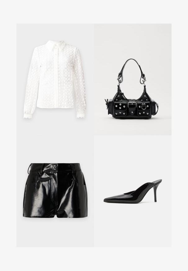 Witte blouse van een materialen met kantachtige stijl, voorzien van een klassieke kraag, lange mouwen met golvende manchetten en een knoopsluiting aan de voorkant met decoratieve accenten.; Zwarte, glanzende shorts van synthetisch materiaal. Heeft een aansluitende taille, riemlussen en voorzakken met opvallende stikseldetails.; Zwarte gepatineerde leren hoge hak muiltjes met een spitse neus en een slanke silhouet, met een open achterkant en een slanke stilettohak.; Zwarte lederen handtas met een gebogen ontwerp, voorzien van zilveren studs, een gesp en twee zijvakken. Verstelbare schouderband voor verschillende draagmogelijkheden.