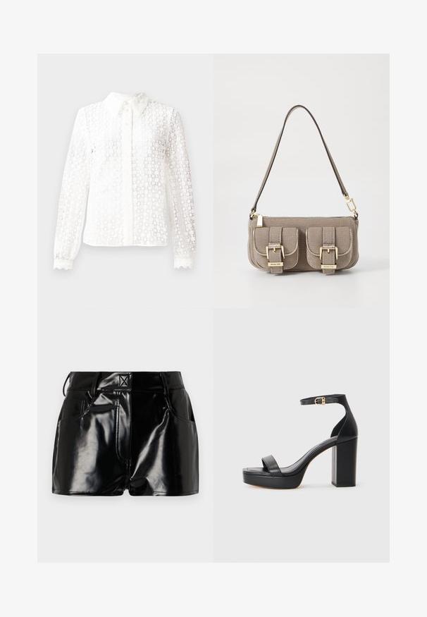 White blouse made of lace-like fabric, featuring a classic collar, long sleeves with scalloped cuffs, and a button-down front with decorative accents.; Black, glossy shorts made of synthetic material. Features a fitted waist, belt loops, and front pockets with prominent stitching details.; Black platform sandals with a thick block heel, smooth leather material, open toe design, and an ankle strap featuring a gold buckle accent.; Beige textured handbag with adjustable strap, two front pockets secured by buckles, and gold hardware accents. Zipper closure at the top.