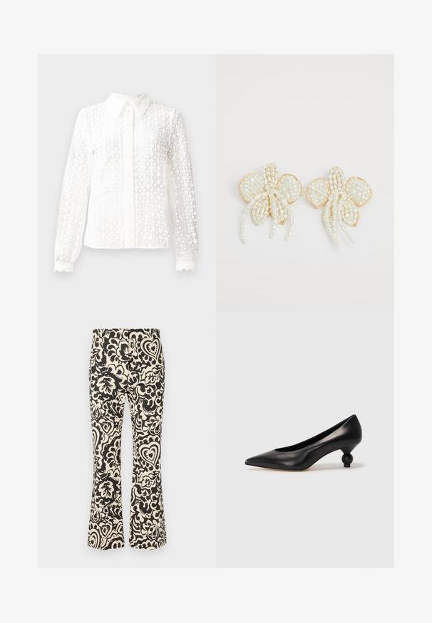 Fehér blúz csipkeszerű anyagból, klasszikus gallérral, hosszú ujjal, scallop díszítésű mandzsettával és gombos elülső résszel, amely dekoratív elemekkel van díszítve.; Lágy anyagból készült harangas nadrág, fekete és krémszínű virágmintával, szívvel és levelekkel díszítve, sima textúrával.; Fekete bőr magassarkú cipő, hegyes orral és kerek, gömbölyű sarokkal. Simább textúrával, elegáns, minimalista dizájnnal.; Gyöngyvirág fülbevalók arany díszítéssel. Minden szirmon apró, kerek gyöngyök találhatók, amelyek virágos mintát alkotnak, és gyöngyös részletekkel vannak díszítve.