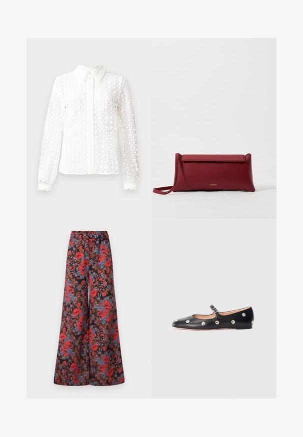 Fehér blúz csipkeszerű anyagból, klasszikus gallérral, hosszú ujjal, scallop díszítésű mandzsettával és gombos elülső résszel, amely dekoratív elemekkel van díszítve.; Bő szárú nadrág, amely fekete anyagból készült, élénk piros és kék virágmintával díszítve, rugalmas derékkal a kényelem érdekében.; Fekete bőr Mary Jane lapossarkú cipő, lekerekített orral, ezüst színű kör alakú szegecsekkel és állítható pánttal, csattal.; Piros bőr klutcs táska textúrázott felülettel, lapos hajtogatott tetejével és rövid pánttal. Diszkrét márkájú logó elöl.