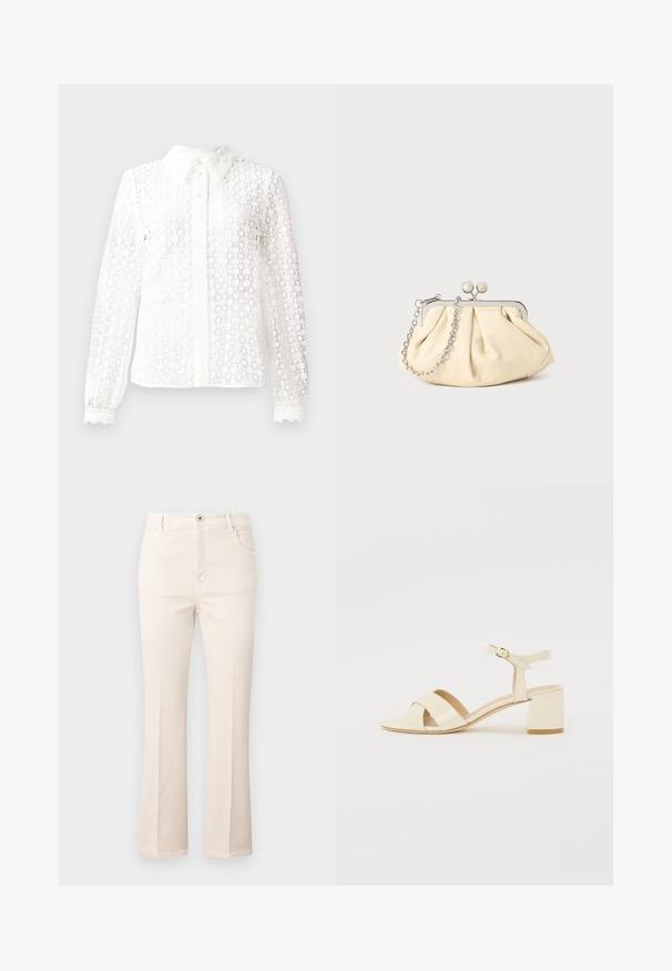 Balta palaidinė, pagaminta iš nėriniams panašaus audinio, su klasikine apykakle, ilgomis rankovėmis su banguotais rankogaliais ir mygtukais užsegama priekyje su dekoratyviniais akcentais.; Iš medvilnės pagaminti plati smėlio spalvos džinsai, turintys aukštą juosmenį, penkias kišenes, mygtuką užsegimui ir subtiliais siuvinėjimo akcentais.; Bežinės patentinės odos aukštakulnės šlepetės su kryžminiu dirželiu, atvira nosimi, reguliuojamu kulkšnies dirželiu ir blokuotu kulnu. Lygi tekstūra.; Plyšiniai smėlio spalvos odiniai rankinukai su sidabriniu metaliniu rėmu, turintys du apvalius dekoratyvinius užtrauktukus ir sidabrinę grandinėlę.