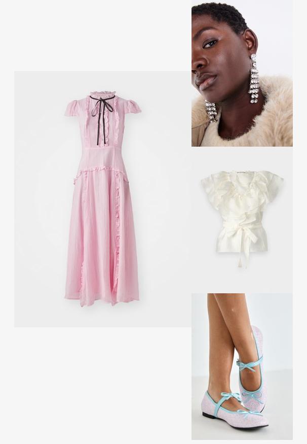 Top alb cu o croială cu volan la gât și la mâneci, confecționat dintr-un material texturat. Include un cordon la talie pentru ajustare.; Rochie maxi roz cu mâneci scurte pufoase, detalii cu volane, guler înalt și un fundal negru legat în față. Fabricată dintr-un material ușor.; Pantofi ballet cu exterior din sclipici roz, cu margini și accente din piele albastră, având fundițe pe bretele ajustabile și un tocul mic negru.; Cercei din argint cu multiple pietre strălucitoare, având un design în cascadă și suprafețe texturate, pe un fundal neutru.
