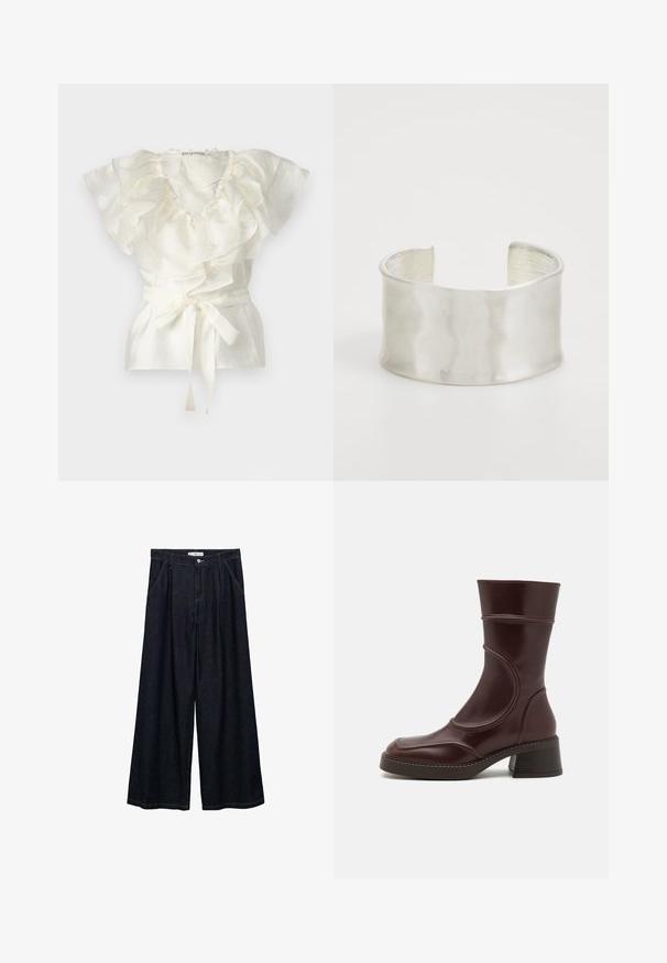 Valkoinen toppi, jossa on röyhelökaulus ja hihat, valmistettu teksturoituneesta kankaasta. Vöissä on säädettävä solmimisvyö.; Vaaleanbeige lyhythihainen neulepaita, jossa on kaula-aukossa roikkuva huivikuvio.; Tummat farkku leveälahkeiset housut korkealla vyötäröllä, joissa on etunapit, kaksi sivutaskua ja ompeluyksityiskohtia.; MIISTA MALENE  - Platform-saappaat - brown; Zign Rannekoru - silver-coloured