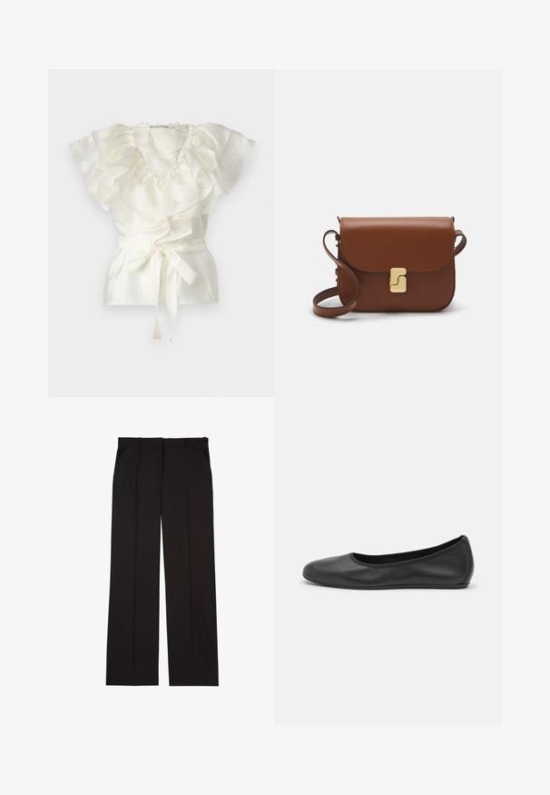 Weißes Oberteil mit Rüschenausschnitt und -ärmeln, aus einem strukturierten Stoff gefertigt. Es hat einen Bindegürtel in der Taille zur Anpassung.; Schwarze, maßgeschneiderte Hosen aus einem glatten Stoff, mit geradem Bein und zwei Seitentaschen. Elegante und minimalistische Konstruktion.; Schwarze Leder-Ballettschuhe mit abgerundeter Spitze, glatter Textur, minimalen Nähdetails und einem flexiblen Sohlen-Design.; Braune Ledertasche mit Klappenverschluss, Beschlägen in Goldfarbe, einem Schultergurt und einer glatten Oberfläche. Kompakte rechteckige Form.