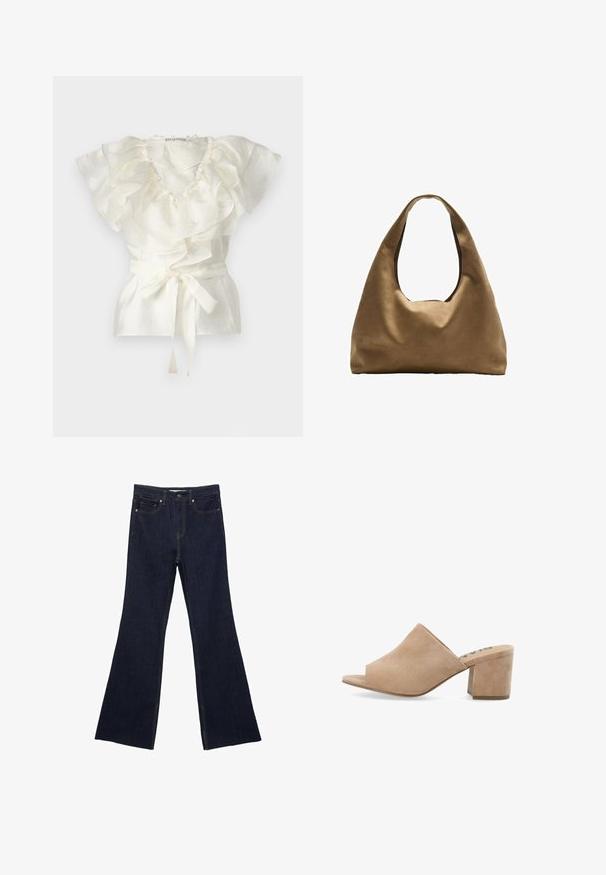 Bijela majica s volanima na dekolteu i rukavima, izrađena od strukturirane tkanine. Ima pojas s vezanjem u struku za podešavanje.; Tamno plave traperice sa širim krojem, koje imaju standardni dizajn s pet džepova i vidljivim šavovima. Tkanina je glatke teksture s minimalnim izbleđenjem.; Bež zamšene mule otvorenih prstiju s blok-petom, s glatkom teksturom i širokim gornjim dijelom. Bez vidljivih dijelova ili uzoraka.; Smeđa platnena torba za rame s širokim, zaobljenim tijelom i velikim izrezanim drškom. Mekana tekstura, minimalistički dizajn i bez vidljivog hardvera.