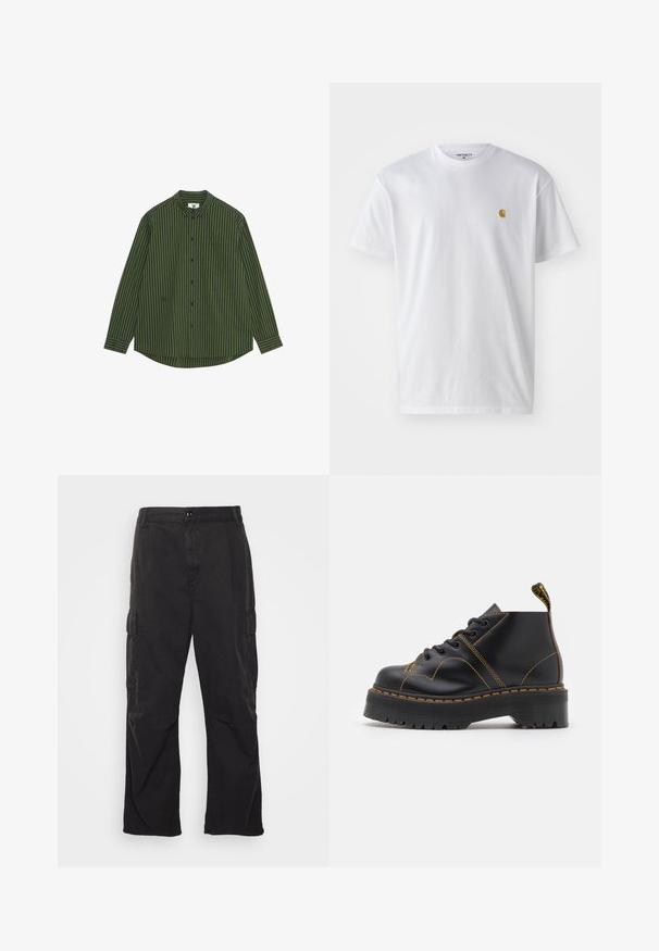 Tume rohelise ja tumesinise vertikaalse triibuga pikkade varrukatega särk, millel on nööbiga krae, vasakule rinnale tasku ja kaarjas ääreline.; Valge puuvillane t-särk lühikeste varrukatega, ümmargune kaelus, millel on väike kuldne logo vasakul rinnal. Pehme tekstuur ja regulaarne lõike.; Mustad cargo püksid sirge jala disainiga, millel on kaks külgtaskut, nööpkinnitus ja tekstuuriga kangas.; Mustad mustad saabastega püksid paksu, soonikuga talla, kontrastse kollase õmbluse ja kandade tõmbluku abil. Üksikasjalikult sile nahk.