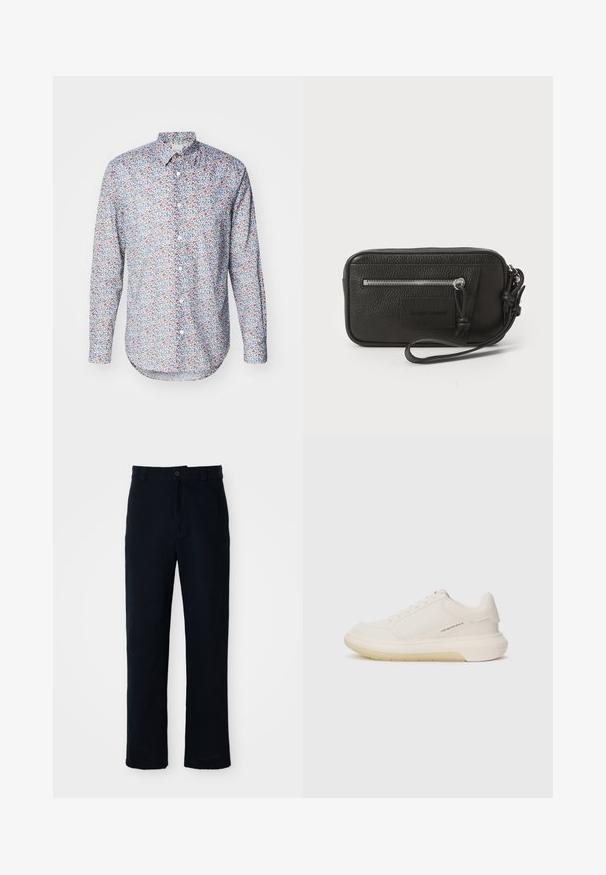Paul Smith SLIM FIT SHIRT - Overhemd - multi-coloured; Marineblauwe broeken van katoen, met een recht model, een sluiting met een knoop aan de voorkant en een klassieke tailleband met riemlussen.; Witte sneakers met een glad leren bovenwerk, ronde neus en dikke rubberen zool. Heeft minimale stitching en een subtiele logo-detail aan de zijkant.; Zwarte leren clutch met een gestructureerd oppervlak, voorzak met rits en een afneembare polsband. Beschikt over een logo-opdruk aan de voorkant. Rechthoekige vorm.