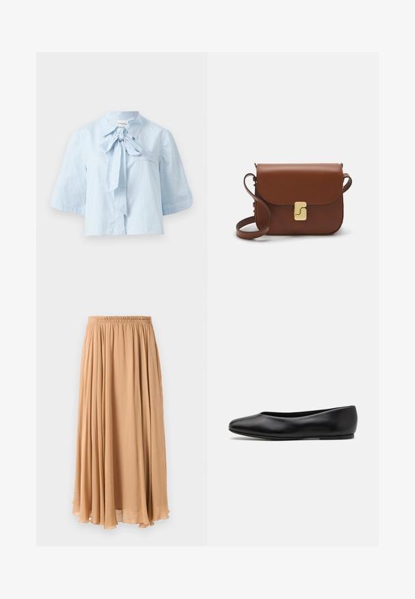 Lyseblå kortærmet bluse lavet af struktureret stof. Har en krave med en frontbinding og en enkelt brystlomme.; Maxi nederdel i lys beige, lavet af let stof. Har en indsamlet elastisk talje og bløde pliser for bevægelse.; Paul Smith TOPANGA - Ballerinasko - black; Brun læder håndtaske med flaplukning, hardware i gyldent tone, en skulderrem og en glat overflade. Kompakt rektangulær form.