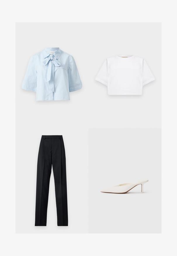 Blusa azzurro chiaro a maniche corte realizzata in tessuto texturizzato. Presenta un colletto con un dettaglio di legatura frontale e una tasca sul petto.; T-shirt bianca cropped realizzata in tessuto morbido, con maniche corte, scollo rotondo e dettagli a costine sull'orlo. Design semplice e senza fronzoli.; Pantaloni neri realizzati in tessuto morbido, caratterizzati da vita alta, gambe larghe, pince frontali e classiche passanti per cintura. Non ci sono tasche laterali visibili.; Mule bianco a punta con tacco stiletto basso. Realizzato in materiale liscio con un design minimalista e dettagli delicati sulla suola colorato beige.