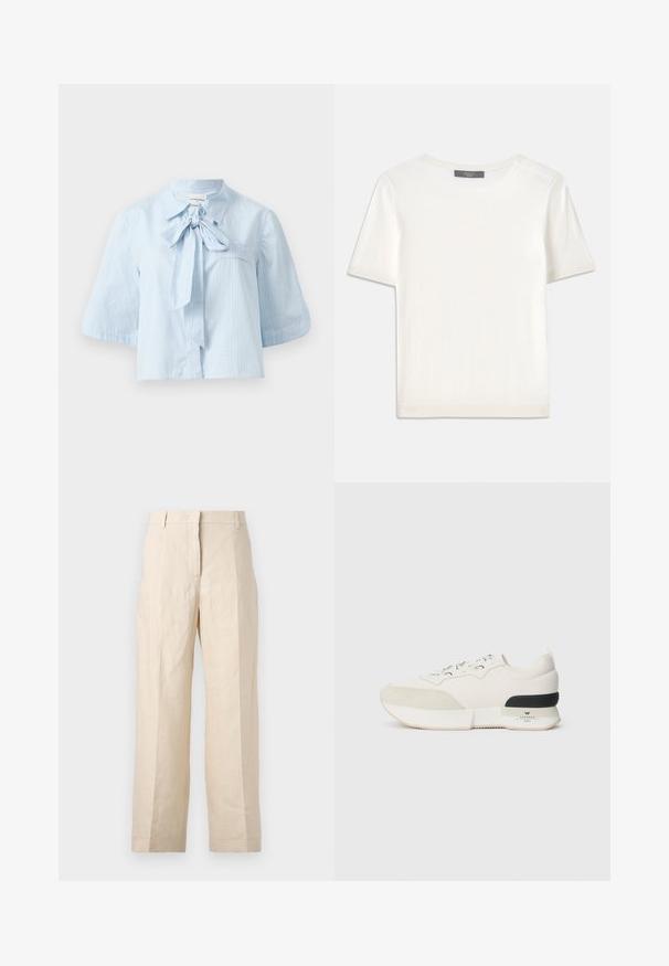 Lichtblauwe blouse met korte mouwen, gemaakt van textuurstof. Kenmerkt zich door een kraag met een voorste strikdetail en een enkele borstzak.; Witte gebreide top met korte mouwen en een ronde halslijn, met een gladde textuur en subtiele ribgebreide accenten bij de mouwen en de zoom.; Beige linnen broek met een losse pasvorm, geplooide voorkant en rechte pijpen. Beschikt over een tailleband met riemlussen en geen zichtbare zakken.; Witte sneaker met een getextureerde suede neuskap, een soepel mesh bovenwerk, decoratieve veters en een zwarte rubberen hakaccent.