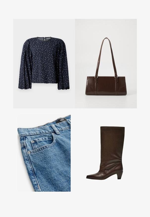 Tengerészeti virágmintás blúz, hosszú puffos ujjakkal, kerek nyakkivágással, hullámos szegéllyel, finom rózsaszín és zöld virágminták jellemzik, puha anyagon.; Középkék farmernadrág, kopottas szerkezettel. Jellemzők: öt zseb, réz szegecsek és varrott részletek az oldalvarrások mentén.; Sötétbarna bőr, középmagas csizma alacsony, tölcsér alakú sarokkal, hegyes orral és enyhén lecsúszott szárával fehér háttér előtt.; Barna lakkbőr kézitáska, téglalap alakú, két hosszú fogantyúval és finom ívelt díszítéssel az elején.