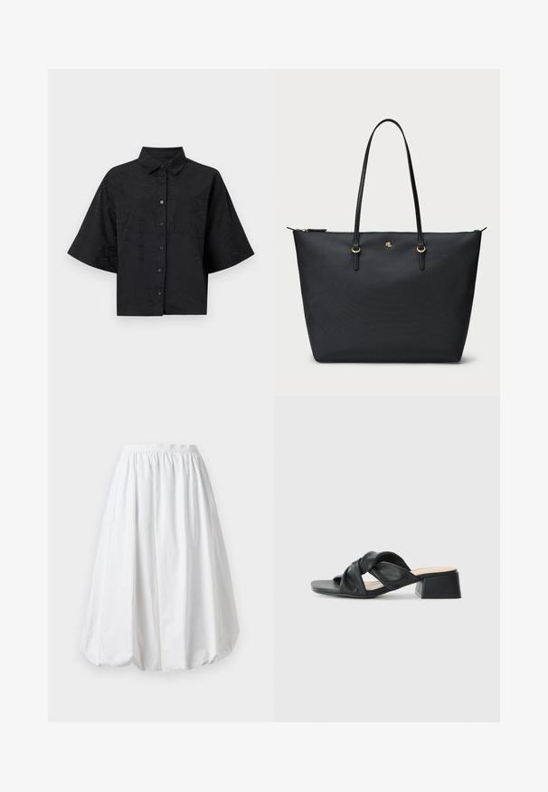 Black cropped shirt with a collar, short sleeves, button closure, and subtle wave texture detail. Features a single chest pocket.; White, knee-length skirt with an elasticated waistband and a balloon shape. Made from lightweight fabric with a smooth texture.; Black leather sandal with a twisted upper design, square toe, and a low block heel, featuring a smooth texture and minimalist style.; Black tote bag with a textured surface, zip closure, and two leather handles. Features gold hardware and a subtle logo on the front.