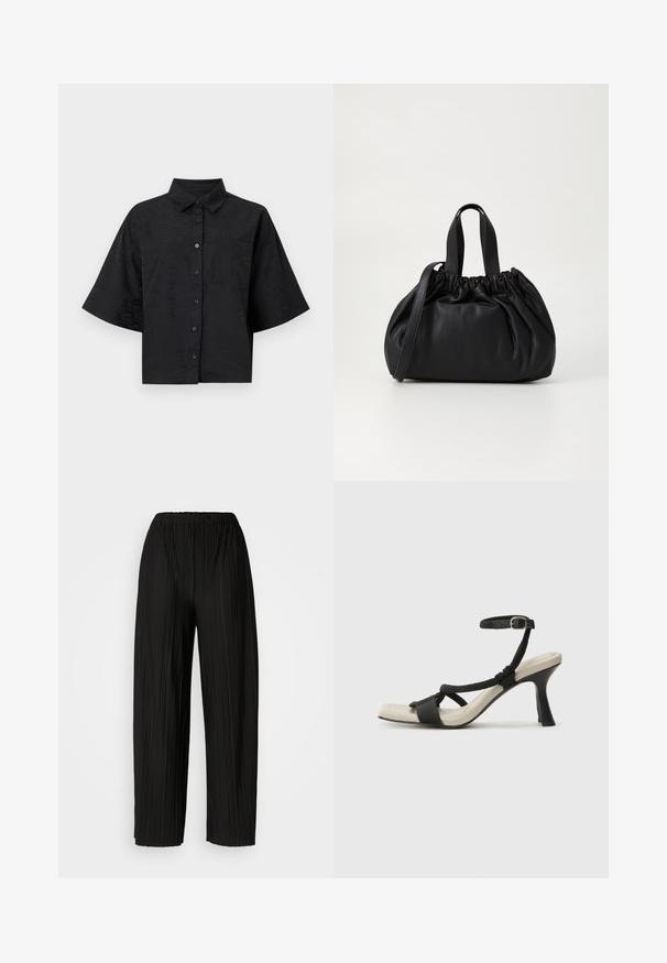 Must be a black lõhik-särk, millel on krae, lühikesed varrukad, nööpkinnitus ja peenetekstuuriline laineline detail. Sisaldab ühte rinna taskut.; Mustad voodri laiad püksid elastse vöökoha ja vertikaalsete volangidega, millel on sile tekstuur.; Mustad musta kontsaga sandaal, millel on punutud rihma disain, ruudukujuline varvas ja reguleeritav pahkluu rihm. Heleda beeži värvi jalapadi ja läikiv must konts.; Mustmust mustkott mustrihmaga ülaosa disainiga, millel on kaks lühikest käepidet ja pikk reguleeritav rihm. Sile tekstuur, ümar kuju.