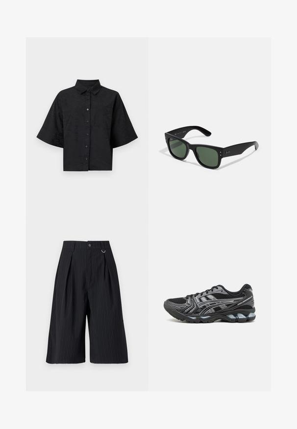Black cropped shirt with a collar, short sleeves, button closure, and subtle wave texture detail. Features a single chest pocket.; Black pinstripe shorts with pleats, a button closure, and a metal ring accent. Smooth fabric with a tailored fit and knee-length design.; Black athletic shoe with mesh upper, silver accents, and a cushioned sole. Features a lace-up design and textured tread for grip.; Black rectangular sunglasses with green lenses, matte finish, subtle hardware accents, and embossed logo on the temple.