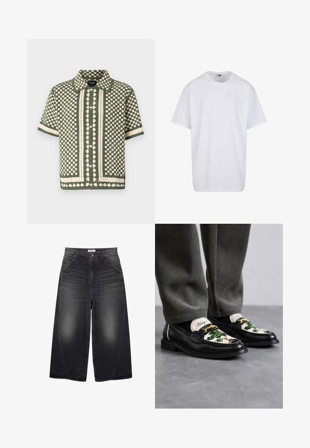 Camicetta a maniche corte verde in maglia con un motivo a pois crema e floreale, completa di una chiusura frontale con bottoni e colletto classico.; Maglietta bianca in cotone con maniche corte, scollatura rotonda, vestibilità comoda e senza loghi o motivi visibili. Texture liscia e design minimale.; PULL&BEAR MEGA BAGGY - Jeans baggy - black; Mocassini neri in pelle con una parte superiore decorativa in tessuto verde e bianco. Presentano un'accento in catena dorata e una suola nera textured.