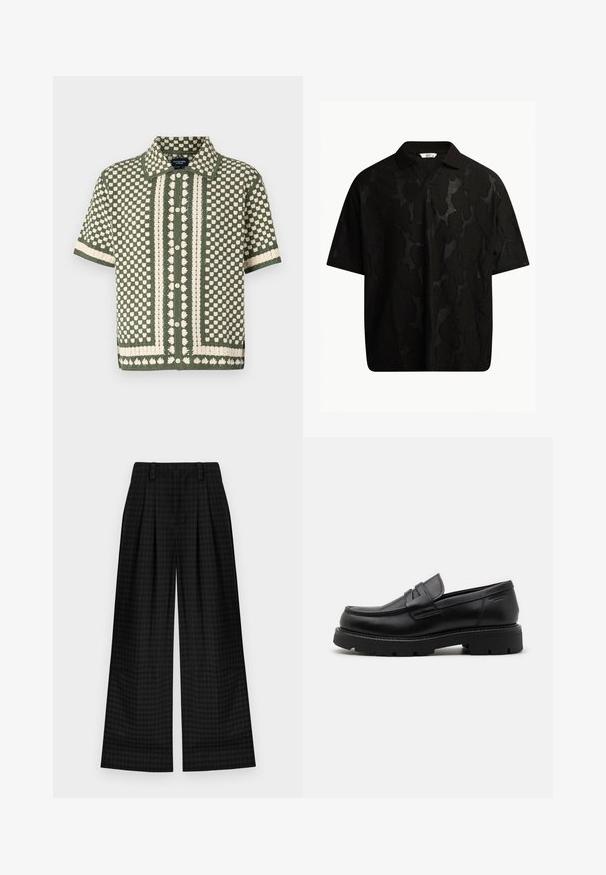 Vihreä lyhythihainen neulepaita, jossa on kerma-valkoisia pilkkuja ja kukkakuviolaatu, varustettuna napilla etuosassa ja klassisella kauluksella.; Mustapaita, jossa on lyhyet hihat ja rakenne, joka sisältää abstraktin kuvion. Kaulus on litteä ja hieman avoin, mikä korostaa rentoa ilmettä.; Mustat ruudulliset leveät housut, joissa on laskokset, sileä rakenne ja klassinen muotoilu. Kevyt kangas mukavuutta varten.; Musta nahkakengät, joissa on pyöreä kärki, teksturoidut yksityiskohdat etuosassa ja paksu kumipohja, jossa on uria pitoa varten.