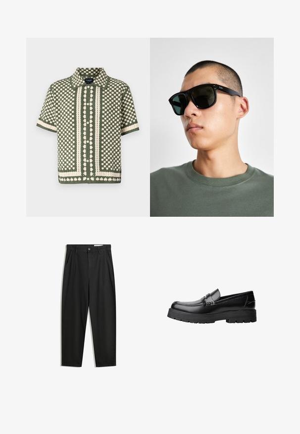 Majica s kratkim rukavima, zelena pletena majica s uzorkom kremaste točke i cvijeća, s dugmadi sprijeda i klasičnom kragnom.; Crne pamučne hlače s opuštenim krojem, s klasičnim pojasom, prednjim nabranjima i bočnim džepovima. Glatka tekstura bez uzoraka.; Crna kožna mokasina s debelim potplatima i dekorativnom trakom preko gornjeg dijela, prikazana u lijevom bočnom profilu na bijeloj pozadini.; Crne pravokutne sunčane naočale s tamnim lećama, koje imaju upečatljiv oblik i brend na ručki. Nosene od strane osobe u zelenoj košulji.