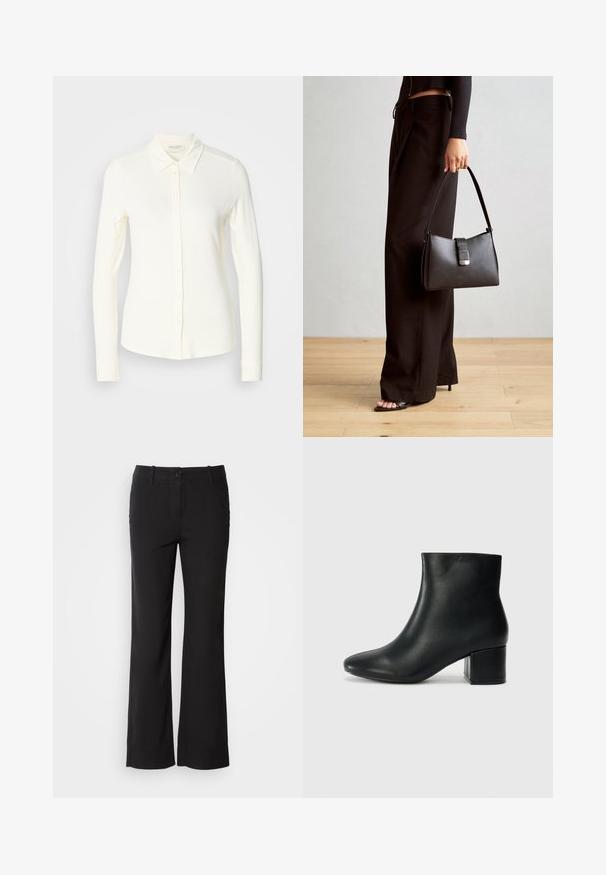 Pikad varrukad, kreemika värvi nööbiga särk, mis on valmistatud pehmest kangast. Omab klassikalist kraed ja sirget hemmi koos nööbiga detailidega.; Mustad puuvillasegu püksid sirge lõikega, ees nupuga kinnitamine ja kaks külge taskut. Sile tekstuur, nähtavaid mustreid ei ole.; Mustad nahast pahkluu saapad terava varbaga ja jämeda kandaga. Sile tekstuur minimaalse aktsentidega ja stiilne, lihvitud disain.; Must musta kott, millel on struktureeritud kuju, sile tekstuur ja metallist klamber. Kombineeritud laiate mustade pükstega ja avatud varvaste sandaalidega puidust põrandal.