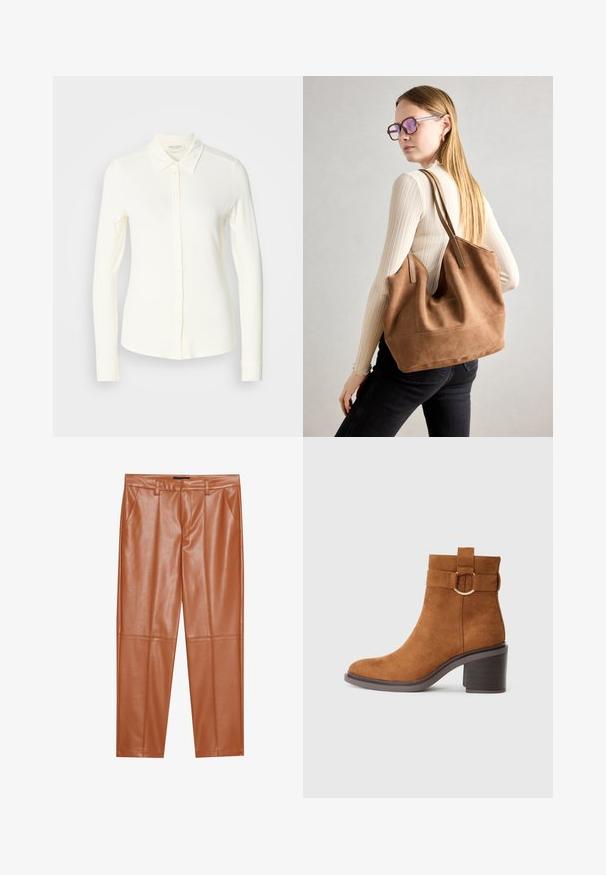 Camisa de botão de manga longa, de cor creme, feita de um tecido macio. Apresenta um colarinho clássico e uma bainha reta com detalhes em botão.; Calças de couro sintético castanho com um corte ajustado, apresentando pregas frontais e pernas retas. Textura suave sem acessórios ou detalhes visíveis.; Botim de tornozelo em camurça castanha com bico arredondado, salto bloco e uma tira decorativa com um detalhe de fivela circular.; Bolsa tote em camurça castanha com textura suave, grande abertura e alças longas. Apresenta um design simples com costuras visíveis e sem acessórios.