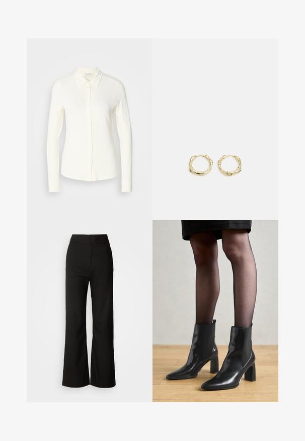 Lange mouwen, creme-kleurige button-up shirt gemaakt van zacht materiaal. Heeft een klassieke kraag en een rechte zoom met knoopdetails.; Zwarte wijde broek met een gladde textuur, hoge taille en een strakke uitstraling. Geen zichtbare zakken of versieringen.; Zwarte leren enkellaarsjes met een spitse neus, stevige vierkante hak en een fraaie uitstraling. Beschikt over elastische zijpanelen voor gemakkelijke aan- en uittrekken.; Gouden creolen met een textuur en onregelmatige vorm. Voorzien van een naadloze sluiting en een gepolijste afwerking, wat het moderne ontwerp benadrukt.