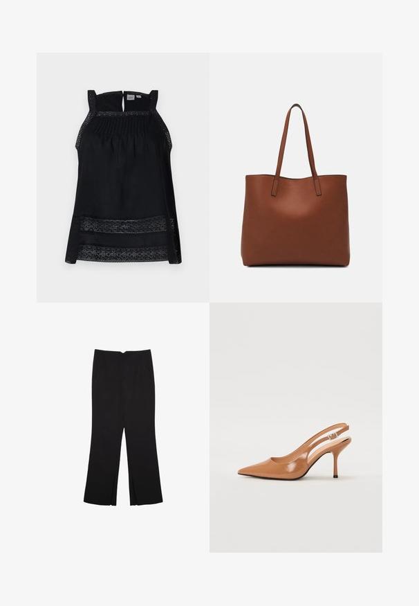 Crna bezrukava majica s prozirnim čipkastim detaljima, plisiranim gornjim dijelom i otvorom na leđima. Mekani materijal s labavim, lepršavim oblikom.; Crne hlače ravnog kroja, s prednjim džepovima i bočnim prorezima na rubu. Izrađene od mekog i glatkog materijala. Pogodne za razne prigode.; Sandal s petom u obliku šiljastog prsta od glatkog, sjajnog smeškastog materijala. Ima zakrivljeni izrez i vitku štiklu. Detalj s srebrnom kopčom.; Smeđa kožna torba preko ramena s glatkom teksturom, otvorenim vrhom i dvjema naramenicama. Ima minimalne šavove i nema vidljivog hardvera.