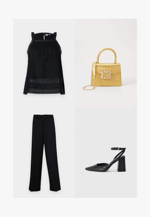 Top negro sin mangas con borde de encaje transparente, cuerpo plisado y espalda con agujero en forma de llave. Tela suave con una forma suelta y fluida.; Pantalones de pierna ancha negros, hechos de un tejido suave, con una cintura clásica que incluye un cierre de botón y pliegues frontales.; Zapato de tacón puntiagudo de cuero negro con tira en el tobillo y tacón ancho. Textura plana, diseño elegante y estética minimalista.; Bolso de mano de imitación cocodrilo amarillo con un diseño estructurado, asa superior, correa de cadena desmontable y embellecimiento de cristal decorativo en el cierre.