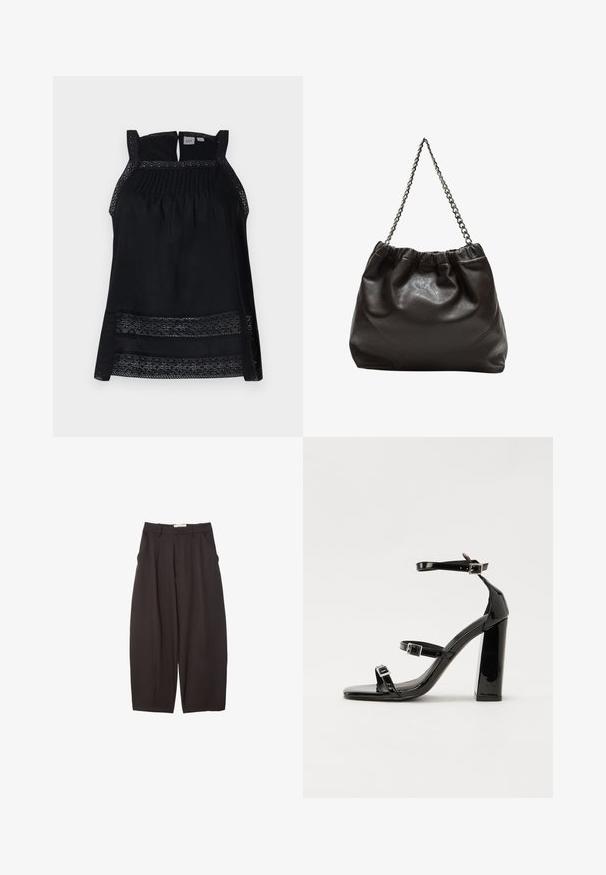 Čierny bezrukávový top s priesvitným čipkovým lemom, skladaným telom a výrečným chrbtom. Mäkka látka s voľným, splývavým strihom.; Čierne široké nohavice vyrobené z hladkej tkaniny, s vysokým pásom, prednými skladmi a bočnými vreckami. Jednoduchý dizajn bez ozdôb.; Čierne lakované sandále na podpätku so štvorcovou špičkou, navlečenými remienkami okolo členku a striebornými prackami. Disponujú masívnym blokovým podpätkom pre stabilitu.; Hnedá kožená taška so zberaným vrchom a reťazovým popruhom. Hladký povrch s lesklým finišom a jemným švom po stranách.