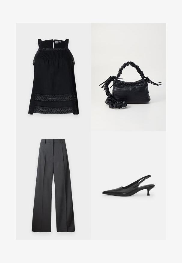 Černý bezramínkový top s průhledným krajkovým okrajem, skládáním v oblasti těla a klíčkovým výstřihem na zádech. Měkká látka s volným, splývavým střihem.; Široké kalhoty z tmavě šedé látky, s vysokým pasem, jedním skladem a hladkou texturou s čistým zakončením na lemech.; Černá kožená nazouvací bota se špičatou špičkou a štíhlým zakřiveným podpatkem. Obsahuje diskrétní nastavitelný pásek s kovovou sponou.; Černá kabelka z umělé kůže s krokodýlím vzorem, staženým vrškem a zmačkaným popruhem. Zdá se, že má měkký a kompaktní design.