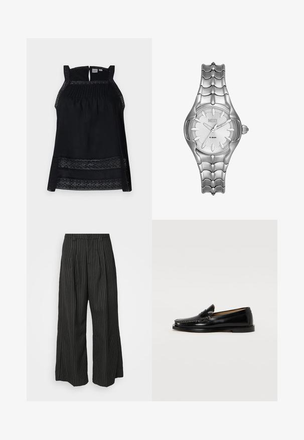 Mustat hihattomat toppi, jossa on läpikuultava pitsireunus, pussitettu bodice ja avonainen selkä. Pehmeä kangas, jossa on löysä ja virtaava malli.; Mustat pinstripe-linjaiset leveälahkeiset housut, joissa on pleateja, taidokkaalla muotoilulla ja pehmeällä tekstuurilla. Ei näkyvää metalliosia tai koristeita.; Mustat nahkaiset loaferit pyöreällä varpaalla, koristeellisella tikkausompelulla ja tasaisella pohjalla. Sileä pinta ja minimalistinen muotoilu.; Sivusta ruostumatonta terästä oleva kello, jossa on teksturoitu ranneke ja pyöreä kellotaulu. Varustettu valkoisella taustalla, mustilla tuntimerkeillä ja kelloa säätävällä kruunulla sivussa.