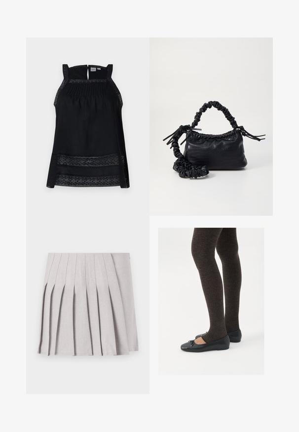 Sort ærmeløs top med transparent blonderkanter, plisseret forstykket og en nøglehulslukning i ryggen. Blødt stof med en løs, flydende form.; Grå plisseret nederdel med en glat tekstur, der har flere lodrette folder og en tætsiddende talje. Fremstillet af letvægtsstof.; Sorte flade sko med en lille sløjfedetalje ved tåen, parret med mørkebrune ribbede strømpebukser. Skoene har en glat overflade og lav profil.; Sort kunstlæder håndtaske med krokodilteksur, indsnøret top og en sammenkrøben rem. Ser blød og kompakt ud i designet.