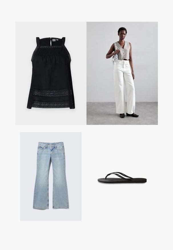 Crna bezrukava majica s prozirnim čipkastim detaljima, plisiranim gornjim dijelom i otvorom na leđima. Mekani materijal s labavim, lepršavim oblikom.; Weekday NOVA - Traperice uskog kroja - lip blue; Crne japanke s teksturiranom gumenenom potplatom, dva uska remena i suptilnim, urezanim logom na remenu.; Sivi skraćeni prsluk s gumbima, uparen s bijelim širokim trapericama i crnim ravnim cipelama. Dodano male srebrne frizure.