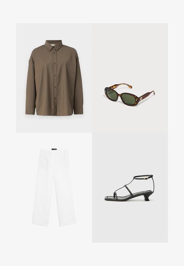 Brown button-up shirt with a structured collar, long sleeves, and a textured fabric. Features a straight cut and full-button front closure.; White linen wide-leg pants with a smooth texture, featuring a mid-rise waist, two front pockets, and a simple design.; Black leather sandal with a square toe, thin straps, adjustable ankle strap, and a low heel. Features a small gold accent on the strap.; Tortoiseshell sunglasses with green lenses, oval shape, featuring gold logo hardware on the side and smooth glossy finish.; Black leather tote bag with a textured finish, featuring two vertical lines, dual shoulder straps, and a minimalist design.