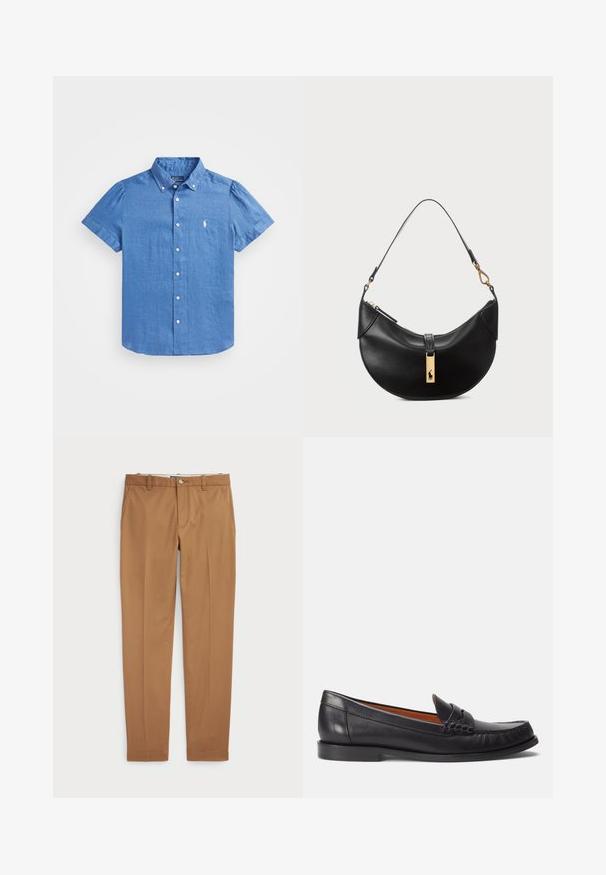 Polo Ralph Lauren LINEN SHORT SLEEVE SHIRT - Blusa com botões - retreat blue; Calças de algodão castanhas com um design slim-fit, frente lisa e bolsos standard; textura suave e bainhas com acabamento.; Polo Ralph Lauren CALFSKIN PENNY LOAFER - Sapatos sem atacadores - black; Bolsa de couro preto em forma de meia-lua. Apresenta um detalhe em metais dourados e uma alça estreita. Textura suave, fechamento em zíper na parte superior.