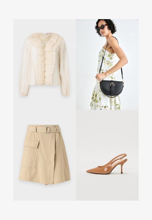 Cream-colored blouse with ruffled neckline and front, button closures, long sleeves, and soft texture. Accents in matching tone.; Beige cotton skirt with a side pocket, belted waist featuring a silver ring, and a slight A-line shape. Smooth texture and simple design.; Pointed toe slingback heel in a smooth, glossy tan material. Features a curved cutout design and a slender stiletto heel. Silver buckle detail.; Black leather handbag with a curved shape, detachable strap, and gold hardware. The bag features a flap with a buckle detail.